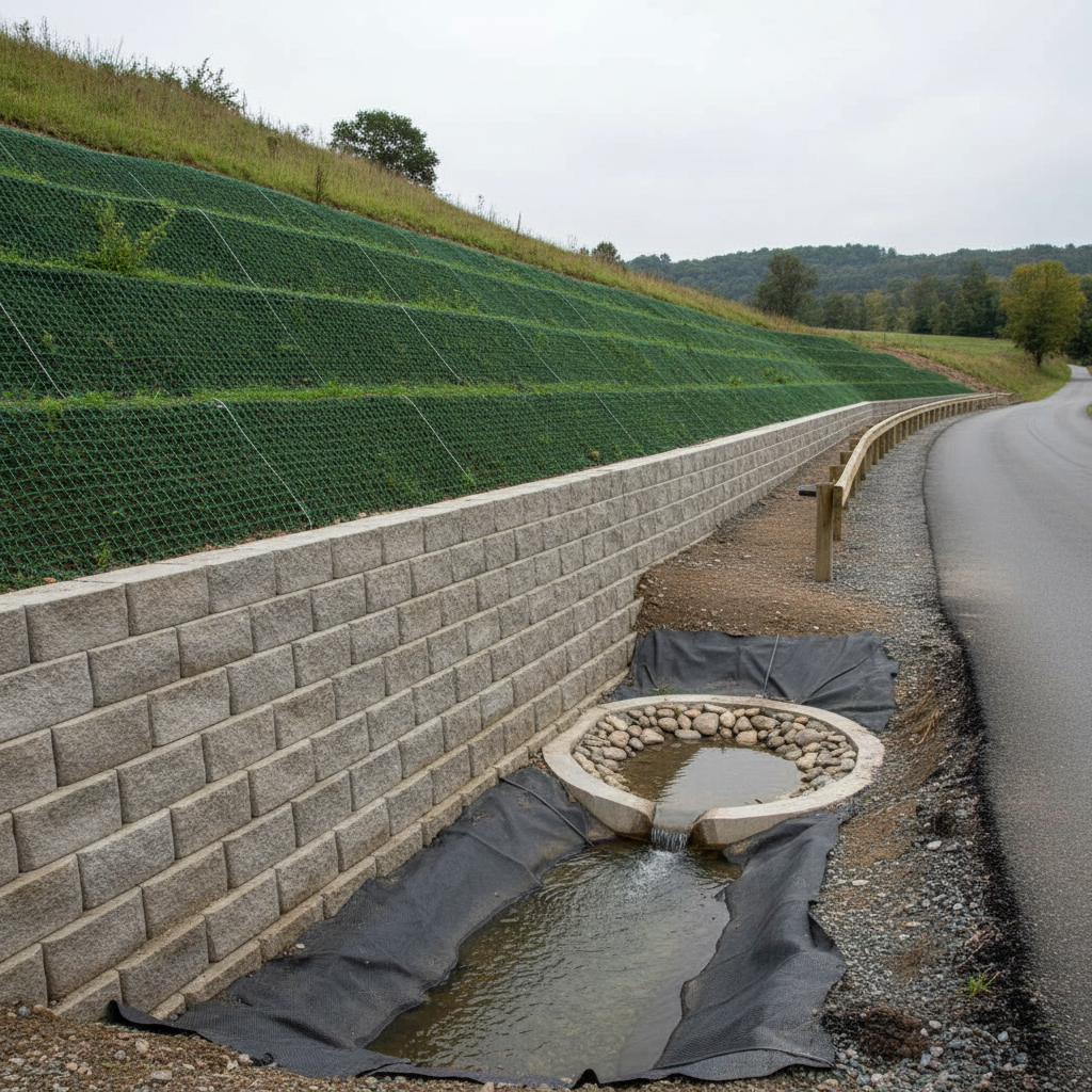 A medium-wide photographic scene of a stabilized hillside beside a rural road, featuring newly constructed retaining structures and drainage facilities. A stepped gravity retaining wall made of textured concrete blocks anchors the toe of the slope, with vegetated geogrid layers extending upwards and covered in fresh hydroseeded grass. At the base, a lined trapezoidal drainage ditch guides clear water toward a small energy-dissipating basin. Overcast daylight provides soft, even lighting with minimal harsh shadows, allowing every engineering detail to be visible. The camera is positioned at a slightly low angle, looking along the length of the wall to create depth and a sense of reliability. The mood is calm, safe, and professionally managed, rendered in crisp, realistic photographic style with natural colors and clean composition.