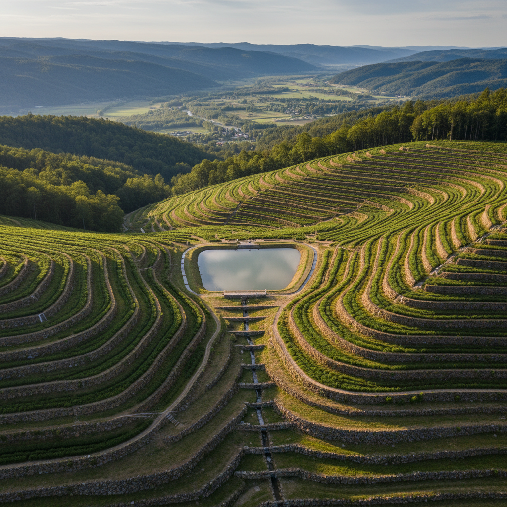 A wide aerial photographic view of a terraced hillside covered in lush green vegetation, with carefully engineered contour terraces and stone-lined drainage channels stepping down the slope. In the middle distance, a small, clear detention pond reflects the soft afternoon sky, while neatly arranged check dams guide runoff safely downward. The surroundings show forested ridgelines and a distant valley floor. Gentle, diffused late-afternoon sunlight casts soft shadows that emphasize the terrain’s contours, creating a calm, orderly atmosphere. Captured with sharp focus throughout and a balanced, rule-of-thirds composition, the image emphasizes professional, well-planned soil and water conservation engineering in a realistic, clean, modern photographic style.