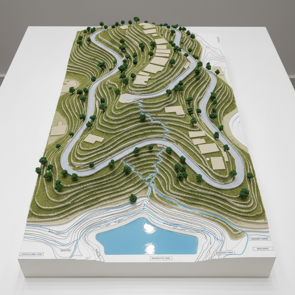 A top-down photographic view of a meticulously crafted physical model of a hillside development, displayed on a clean white presentation table. The model features stepped agricultural terraces, a cluster of small building pads, clearly defined access roads, and a network of miniature drainage channels leading to a rectangular detention pond with a blue, glossy water surface. Tiny contour lines and labeled zoning areas are printed along the base. Soft, neutral studio lighting from above eliminates harsh shadows and highlights the textures of painted foam, fine sand, and flocked greenery. The composition is centered with sharp focus across the entire frame, giving a precise, analytical feel. The mood is professional and solution-oriented, ideal for illustrating land development planning and runoff control in a modern, realistic photographic aesthetic.