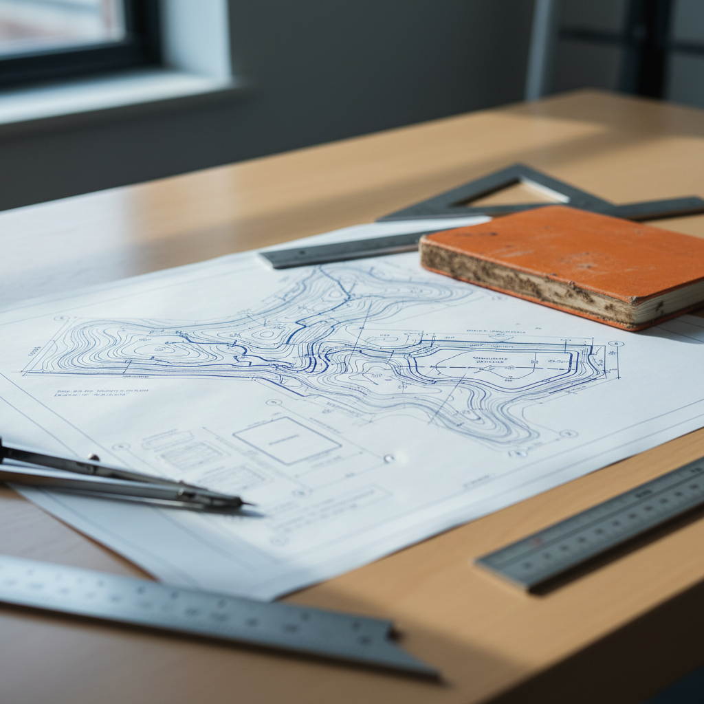 A close, eye-level photographic view of a detailed soil and water conservation engineering blueprint laid out on a smooth, light-wood drafting table. The blueprint shows contour lines, slope stability diagrams, drainage layouts, and a small detention basin in crisp blue ink on bright white paper. Around it lie metal drafting tools, a precision scale, and a rugged orange field notebook with mud stains along the edges. Soft, cool daylight from a nearby window illuminates the scene, creating gentle shadows from the instruments and subtle highlights on metal surfaces. The composition uses shallow depth of field, keeping the central plans in razor-sharp focus while the background fades into a soft blur, conveying a professional, meticulous, and trustworthy planning atmosphere in a realistic photographic style.