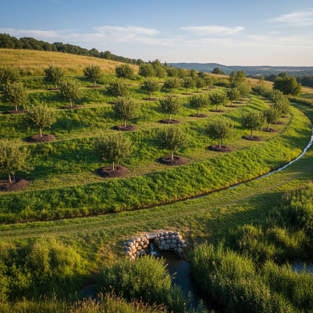 A serene, eye-level photographic scene of an agricultural hillside where soil and water conservation measures are clearly visible. Rows of fruit trees follow gentle contour lines, their trunks surrounded by mulched basins, while between the rows, low grass cover protects the soil. At the bottom of the slope, a neatly constructed grassed swale and a small check dam made of natural stones slow and direct runoff toward a vegetated infiltration area. Warm, late-afternoon sunlight bathes the landscape in a golden glow, casting long, soft shadows that accentuate the contour-aligned planting. The composition follows the rule of thirds, leading the viewer’s eye from the foreground swale up through the terraced plantings. The atmosphere is orderly, sustainable, and reassuring, captured in realistic, crisp photographic style.